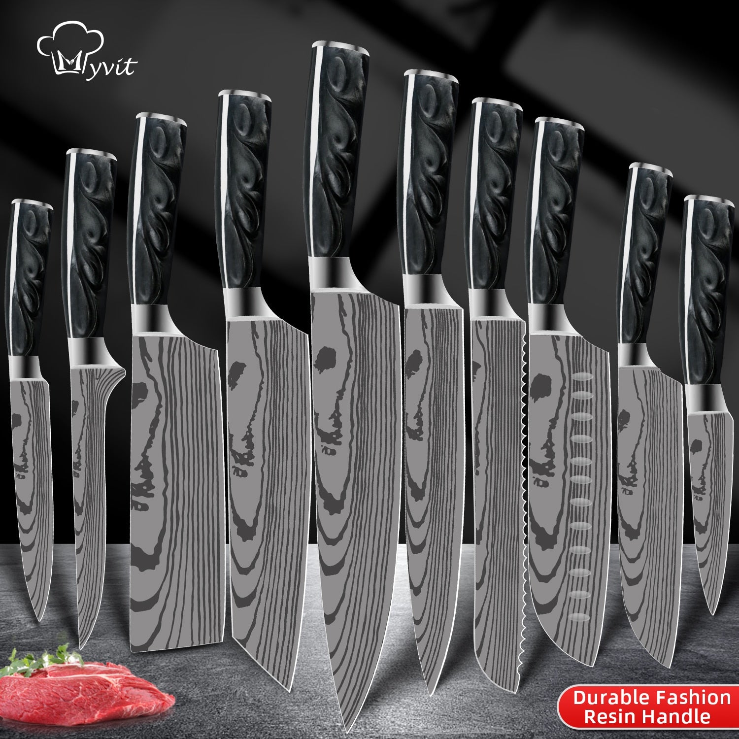 Damascus Style Kitchen Knife Set StainlessSteel Chef Knife+Knife  Block+Sharpener