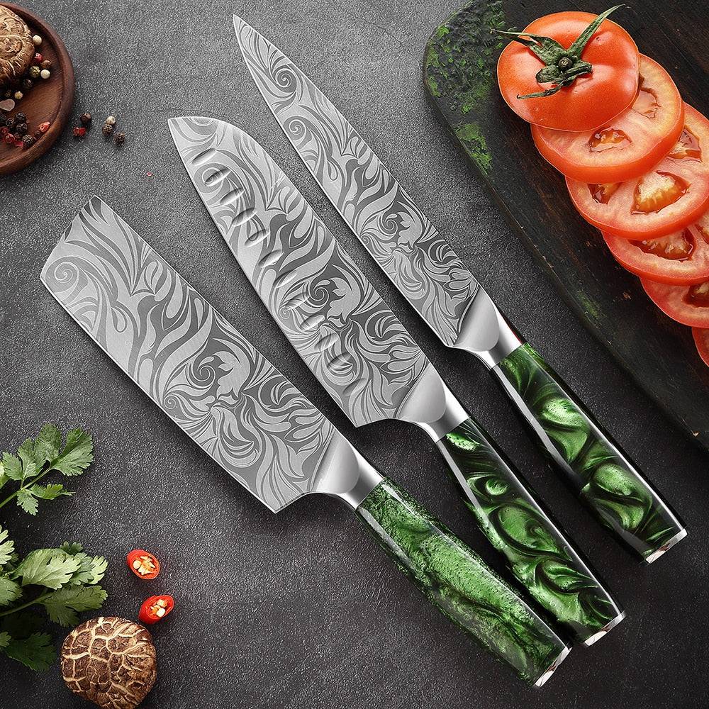 Migoto Damascus Steel Style Japanese Chef Kitchen Knife Set – The Chop Stop